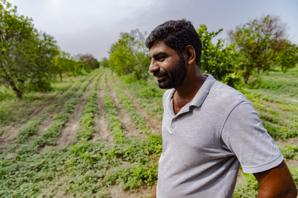 Manghi Ram Majugarh is a farmer who has been converting his crops to natural and synergistic agriculture for eight years. He is pictured inside his field and orchard.