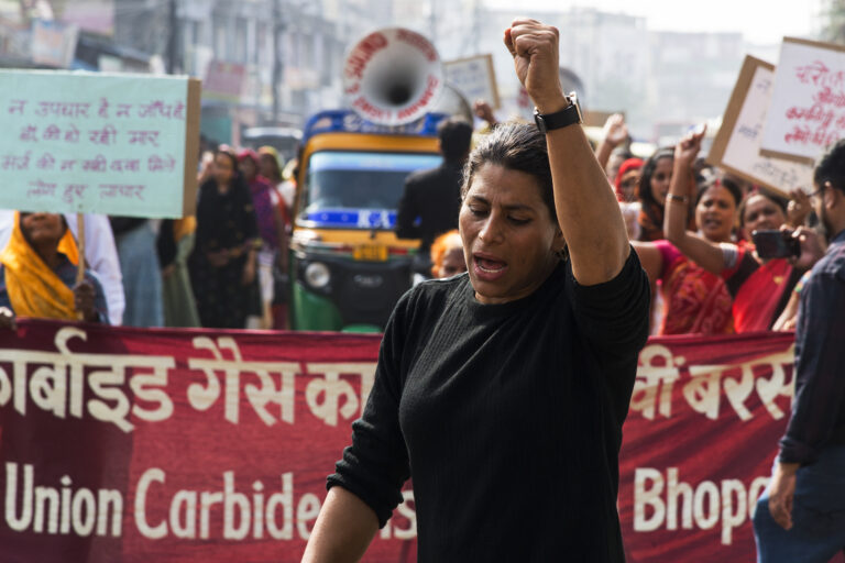 Rachna Dhingra, from Bhopal Group for Information and Action, during the march on 3rd December 2023 - Pic by Claudio Avella 2023
